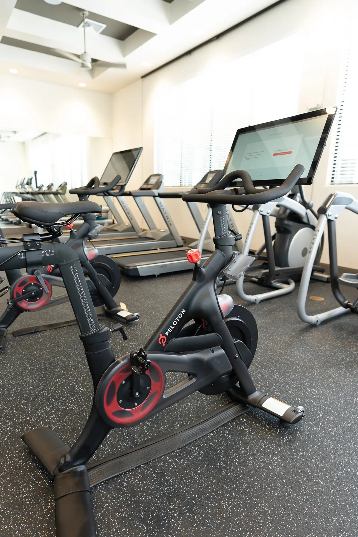 A modern fitness center filled with Peloton bikes and treadmills is flooded with natural light from large windows. The space feels active and invigorating, inviting residents to pursue personal wellness goals or join group classes.